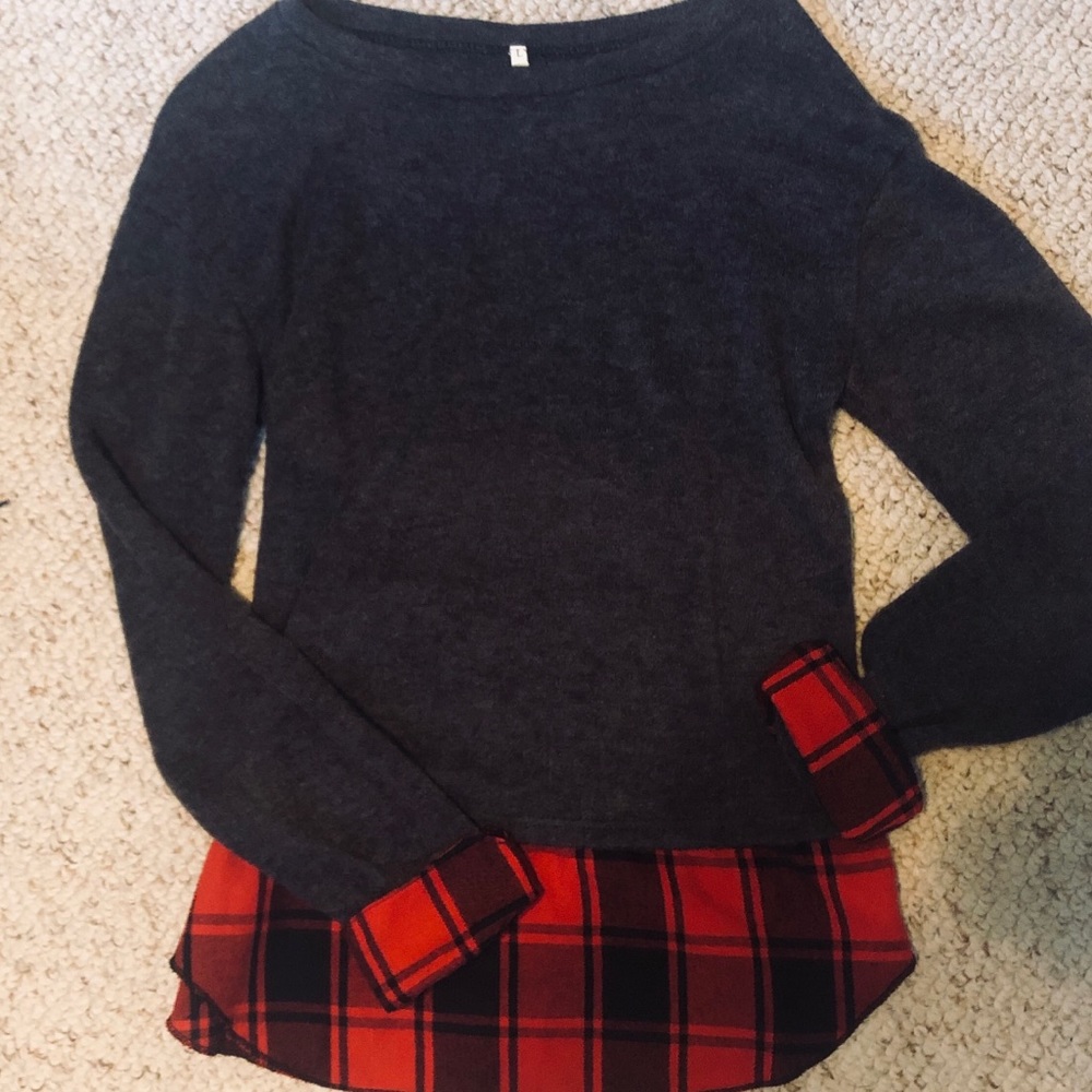 Grey sweater with plaid underlay!